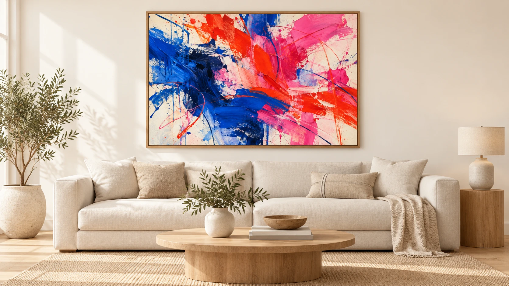 AI-generated illustrative neutral living room with sample painting above a sofa