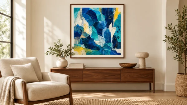 Illustrative room setting with generated sample artwork; not an actual installation.